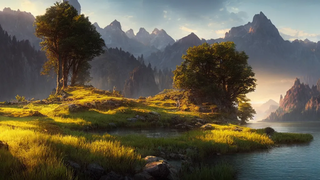 Prompt: beautiful render of a landscape, unreal engine, first light, majestic mountains, lake, lush grass, beautiful sunrise, soft light, by greg rutkowski, cgsociety