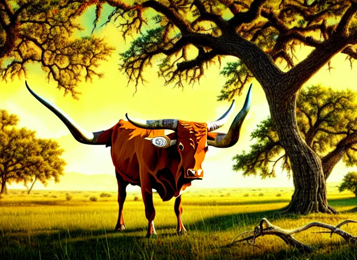 Prompt: photorealistic concept art of a texas longhorn under one huge oak tree with spreading branches taller than the hill side range, in the style of earl norem, bird view, super long shot, concept art, golden, sacred, sacred, golden hour