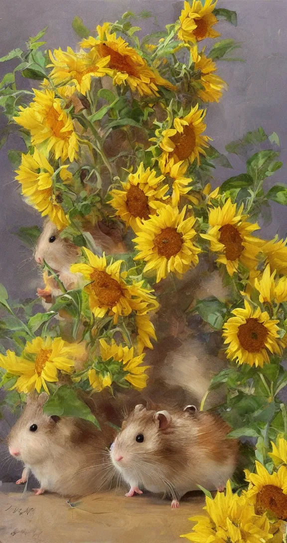 Image similar to a highly detailed beautiful portrait of a cute little hamster surrounded by beautiful lemons and sunflowers, by gregory manchess, james gurney, james jean