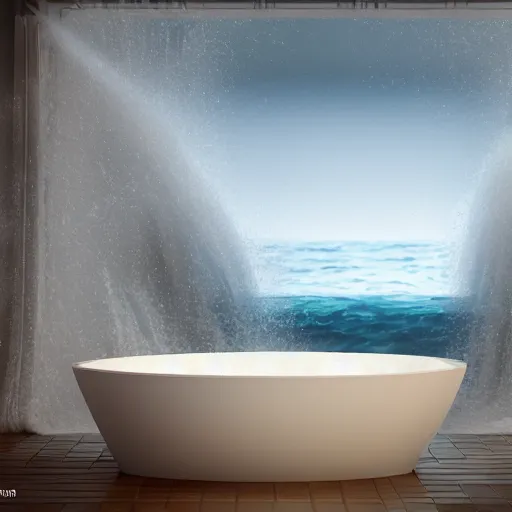 Image similar to an ocean with big waves and a storm inside a bathtub, digital painting, high contrast, unreal engine render, volumetric lighting, high détail
