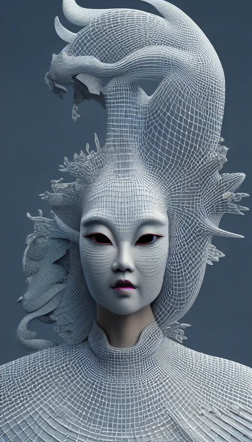 Image similar to 3 d goddess close - up profile portrait. beautiful intricate highly detailed korean gumiho mask and traditional hanbok. stingray magpie, bio luminescent, plasma, ice, water, wind, creature, artwork by tooth wu and wlop and beeple and greg rutkowski, octane 3 d render