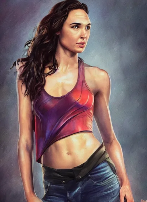 Image similar to full length photo of gal gadot in a tanktop in the style of stefan kostic, realistic, sharp focus, 8k high definition, insanely detailed, intricate, elegant, art by stanley lau and artgerm