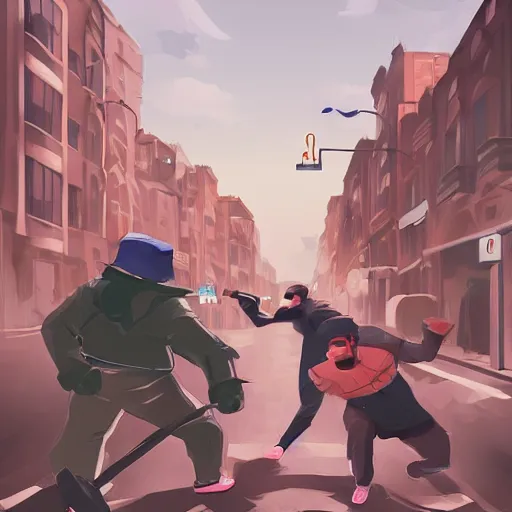 Image similar to Street fight, behance, digital illustration by Viktor Miller-Gausa