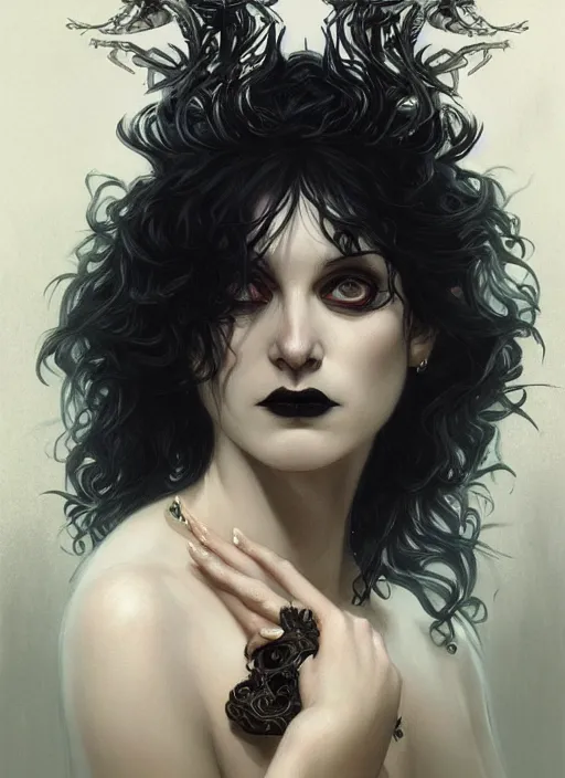 Image similar to portrait of a goth god and black raven by Neil Gaiman, intricate, elegant, highly detailed, digital painting, artstation, concept art, smooth, sharp focus, illustration, art by artgerm and greg rutkowski and alphonse mucha and francisco goya