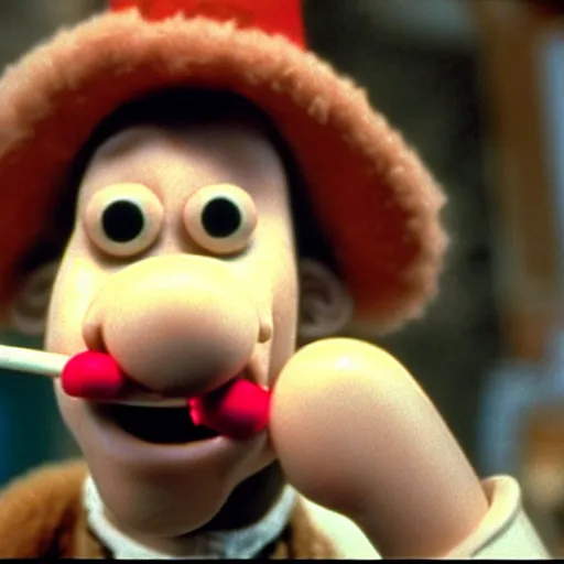 Image similar to Wallace smoking crack from a crack pipe in a still from the short movie A Grand Day Out (1989), Wallace and Gromit, Aardman Animations, claymation, 4k, high quality