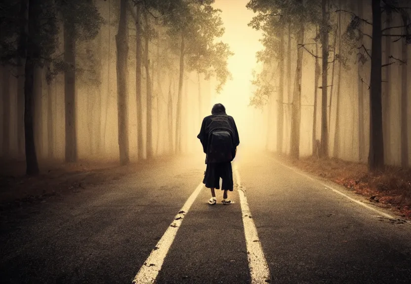 Image similar to a sad rumpled old homeless with torn clothes goes into the distance with his torn old backpack, neon road, magical sunset, gloomy forest, magical fog, depression, post - apocalypse