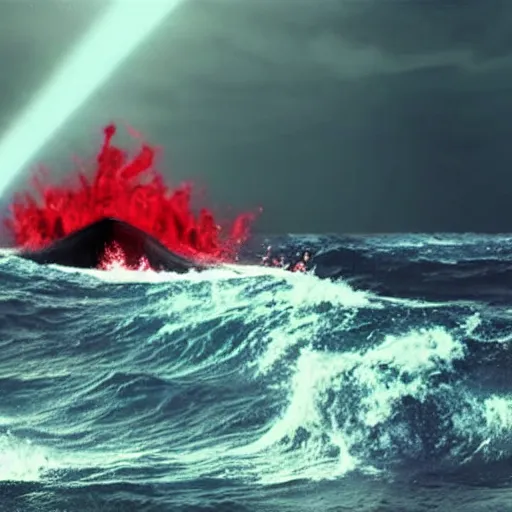 Image similar to anti - christ rising from a red ocean. ominous. vivid color detailed photograph from a 2 0 2 0 s blockbuster vfx horror movie. a capsized boat.