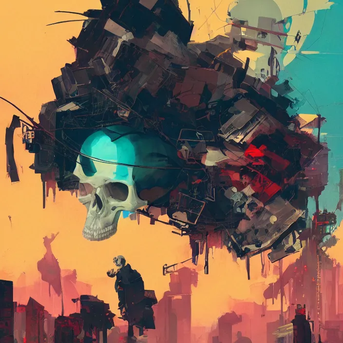 Image similar to a colorful comic noir illustration painting of a cyberpunk skull by sachin teng, sergey kolesov, greg rutkowski, rene magritte. in style of digital art. hyper detailed, sharp focus, soft light. octane render. ray tracing. trending on artstation