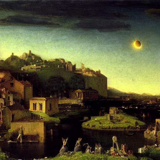 Prompt: dark solar eclipse, above a village, highly detailed, studio 4 k quality, by arnold bocklin