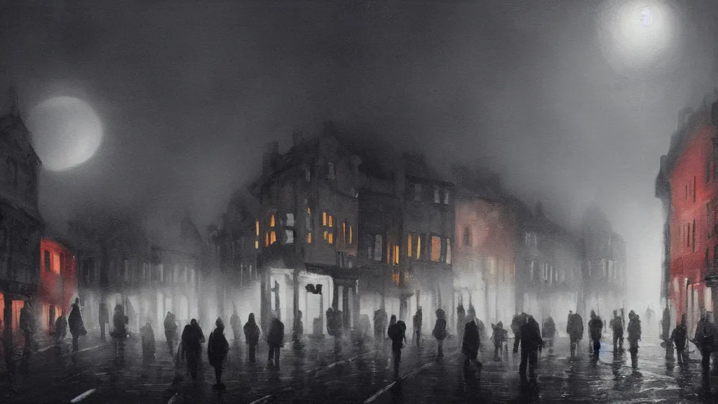 Prompt: a large black sphere with glowing edges over a crowd of people on street of the old town with houses in the windows of which the light is on. early morning, fog on ground, wet street. mike barr painting. volumetric light, dull colors, dark, noir arthouse, 3 5 mm, hight detalied, hd, 4 k