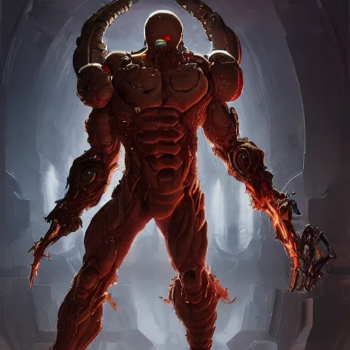 Image similar to doom eternal, mutant, tubes fused with the body, front view, painted by stanley lau, painted by greg rutkowski, painted by stanley, artgerm, masterpiece, digital art, trending on arts