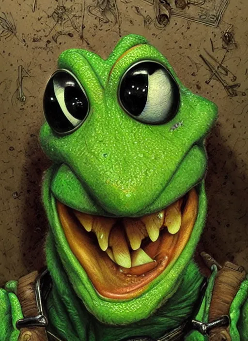 Image similar to portrait of Kermit the frog from Evil Dead (2013), intricate, highly detailed, centered, digital painting, artstation, concept art, smooth, sharp focus, illustration, artgerm, donato giancola, Joseph Christian Leyendecker, WLOP, Artgerm