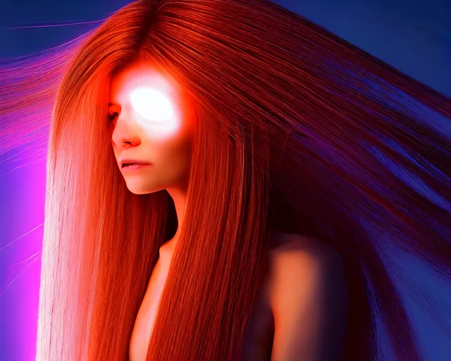 Image similar to glowing hair, complex cybernetic beings, beautiful hairy humanoids, cybermagnetosphere, cybernetic civilizations, ornate hair, love, joy, vortexes, large arrays, data holograms, 8 k, cinematic light shadows, wet hdr refractions, *, * * *, * * * * *