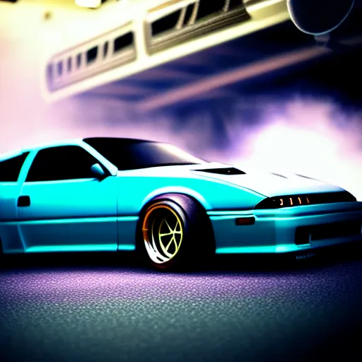 Image similar to a car 300ZX turbo drift at illegal car meet, Shibuya prefecture, midnight mist lights, cinematic color, photorealistic, highly detailed wheels, highly detailed