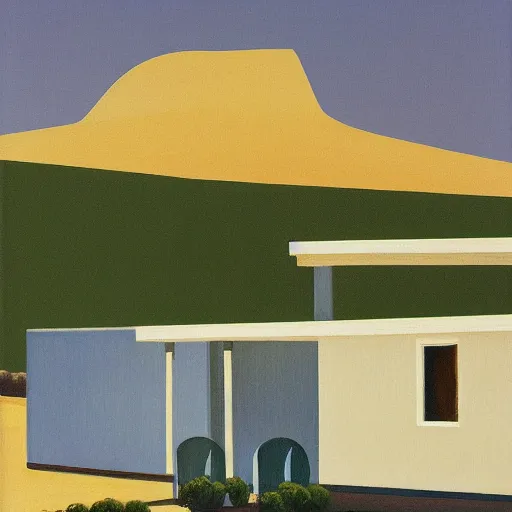 Prompt: motel in a desert rural landscape, painted by Alex Katz and Edward Hopper, airbrush, highly detailed