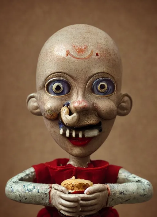 Image similar to closeup face profile portrait of a tin toy albert fish eating cakes, depth of field, zeiss lens, detailed, symmetrical, centered, fashion photoshoot, by nicoletta ceccoli, mark ryden, lostfish, breathtaking, 8 k resolution, extremely detailed, beautiful, establishing shot, artistic, hyperrealistic, octane render