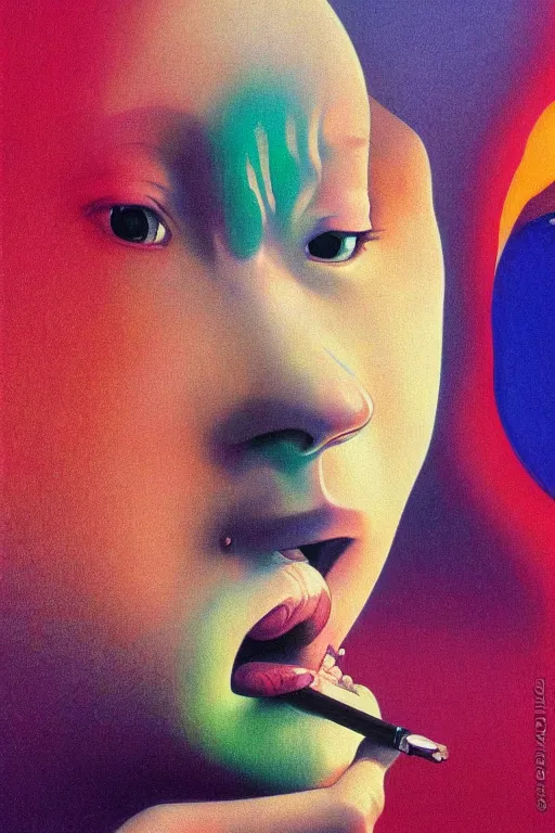 Prompt: a colorfukl vibrant closeup portrait of a simple girl licking a tab of LSD acid on his tongue and dreaming psychedelic hallucinations, by kawase hasui, moebius, Edward Hopper and James Gilleard, Zdzislaw Beksinski, Steven Outram colorful flat surreal design, hd, 8k, artstation