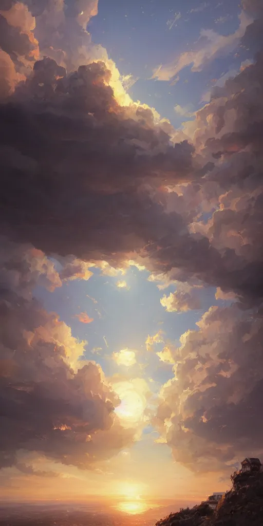 Image similar to a house in the sky clouds, sunset, greg rutkowski, zabrocki, karlkka, jayison devadas, trending on artstation, 8 k, ultra wide angle, zenith view, pincushion lens effect