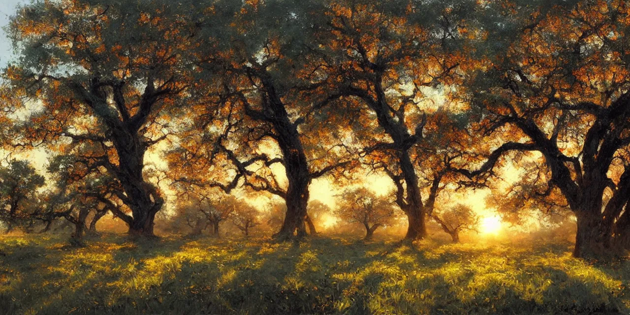 Prompt: a beautiful, stunning landscape with giant oak trees in spring during sunset by craig mullins