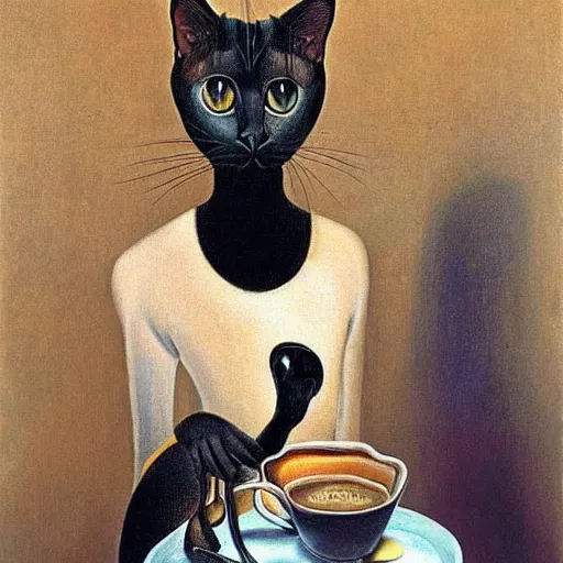 Image similar to A portrait of a siamese cat that has a long neck drinking coffee, oil painting by Salvador Dali