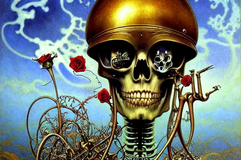 Prompt: realistic detailed portrait painting of a skeleton with a single rose wearing sci-fi helmet in a dystopian landscape by Jean Delville, Amano, Yves Tanguy, Alphonse Mucha, Ernst Haeckel, Edward Robert Hughes, Roger Dean, rich moody colours, blue eyes