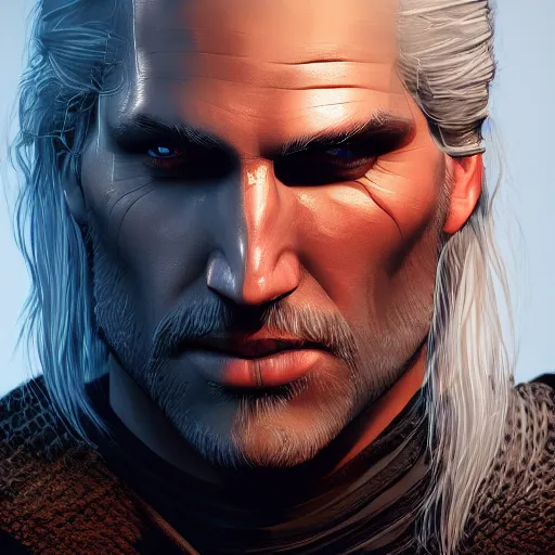 Prompt: epic digital matte paining of Geralt of Rivia by Jama Jurabaev, closeup, extremely detailed, artstation