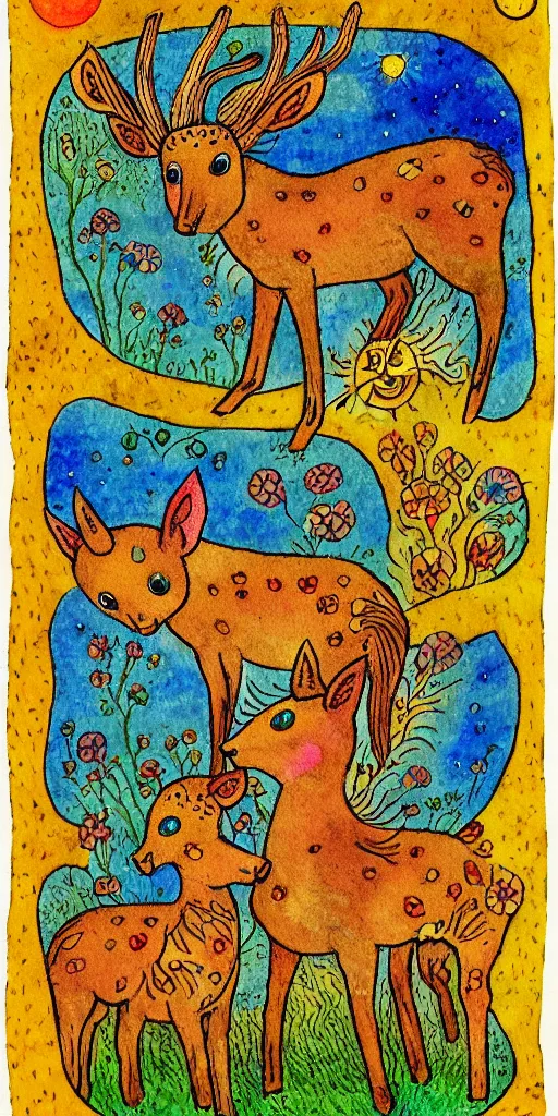 Prompt: tiny golden deer glowing eyes and sun ray mane and singing, children's book illustration, traditional folk art style, watercolor on paper, outsider art, David Palladini, Hisako Aoki, tarot card, Henry Darger, Louis Wain