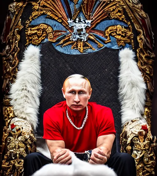 Image similar to A photo of vladimir putin the barbarian sitting on his throne, award winning photography, sigma 85mm Lens F/1.4, perfect faces