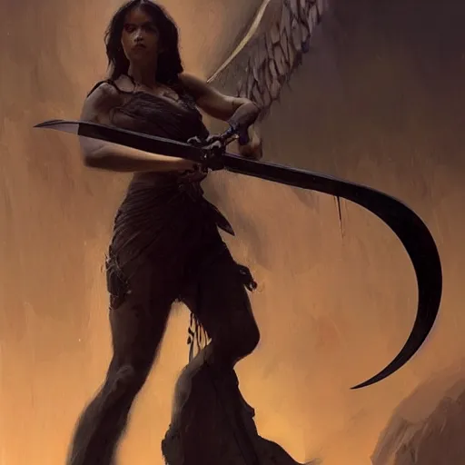 Image similar to a portrait of a beautiful angel of death holding a large scythe by marco bucci and greg rutkowski and frank frazetta, sharp focus, detailed, cinematic, closeup