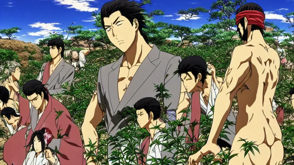 Prompt: yakuza war in the biblical garden of eden, anime film still from the an anime directed by katsuhiro otomo with art direction by salvador dali, wide lens