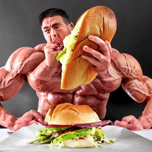 Prompt: a very vascular, sweaty body builder angrily eating a squid sandwich, while sitting at a table with a large squid on top.