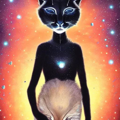 Prompt: cute fluffy caracal, futuristic iridescent clothing, wormhole, nebula, black hole, aries constellation, multiverse, neon god of city character portrait, in the style of margaret keane, moebius, tom bagshaw, and waterhouse, cinematic lighting, beautiful, elegant, oil painting