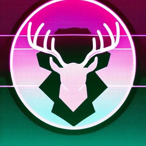 Image similar to logo for corporation that involves deer head, symmetrical, retro pink synthwave style, retro sci fi, neon lighting