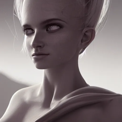 Image similar to A young beautiful female angelic-extraterrestrial-cyborg face with a very long neck, big clear eyes, thin nose, big lips, hair floating in the wind, Realistic, Refined, Digital Art, Pre-Raphaelite, Highly Detailed, Cinematic Lighting, rim light, black and white, photo-realistic Unreal Engine, 8K