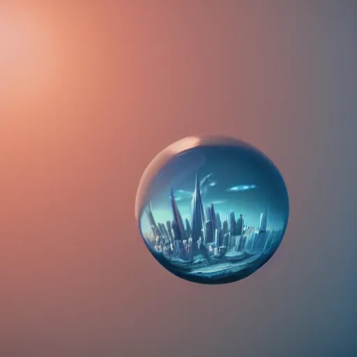 Prompt: miniature skyscraper inside a bubble, resting on clouds, realistic 3 d render, unreal engine, maya, 8 k, smooth, sharp focus, octane, moonlight