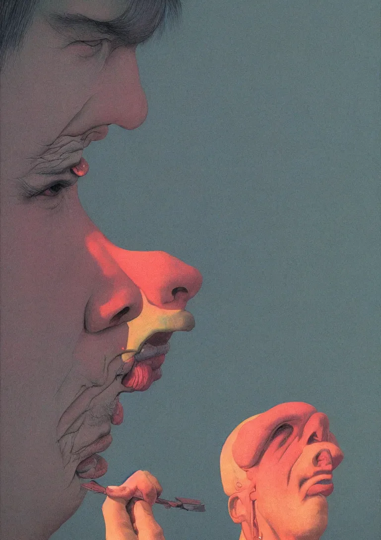 Image similar to a closeup portrait of a kind man licking a tab of LSD acid on his tongue and dreaming psychedelic hallucinations, by kawase hasui, moebius, Edward Hopper and James Gilleard, Zdzislaw Beksinski, Steven Outram colorful flat surreal design, hd, 8k, artstation