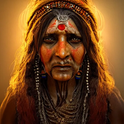 Image similar to Female Aghori Sadhu portrait, veins, nervous system, sinew, 8k , high octane render, unreal engine 5, IMAX quality, hyperdetailed, realistic, golden ratio, intricate, cinematic lighting,