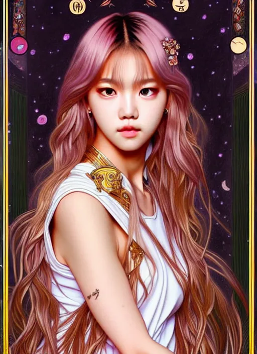 Image similar to lalisa manoban of blackpink, goddess of the moon, tarot card, highly detailed, digital painting, smooth, sharp focus, illustration, ultra realistic, 8 k, art by artgerm and alphonse mucha