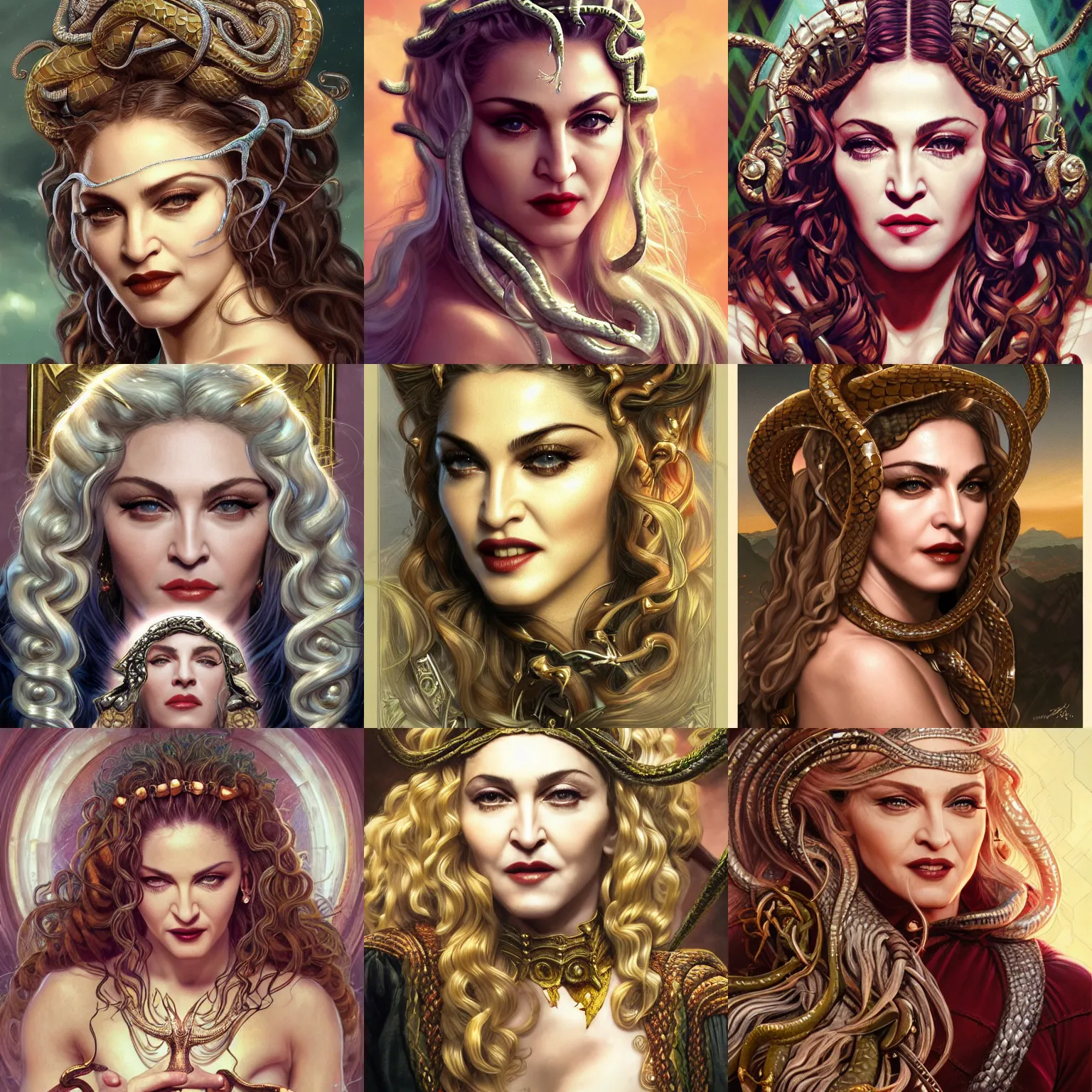 Prompt: Madonna, the singer, as Medusa snakehair closeup, D&D, fantasy, intricate, elegant, highly detailed, digital painting, artstation, concept art, matte, sharp focus, illustration, hearthstone, art by Artgerm and Greg Rutkowski and Alphonse Mucha