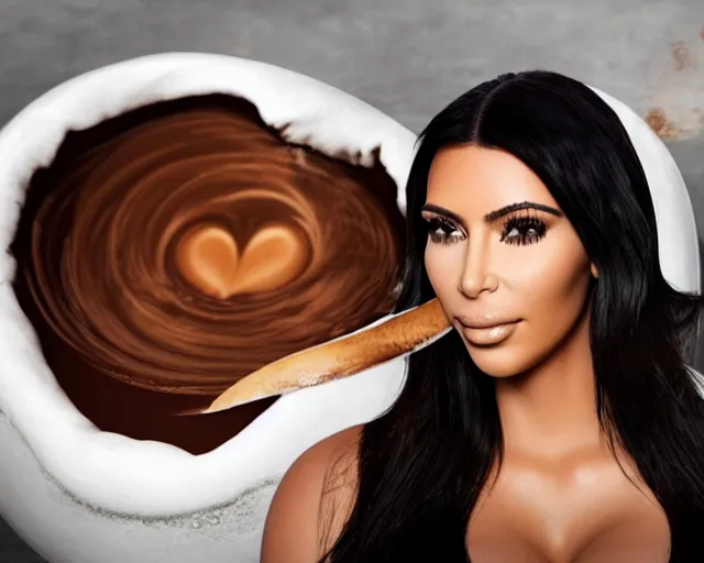 Image similar to Kim Kardashian inside a giant cup of coffee, highly detailed, cinematic, award winning, studio lighting