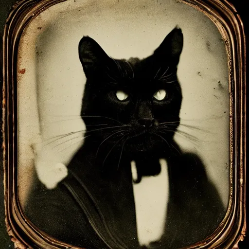 Image similar to an ominous old photo portrait of a cat baron. haunted