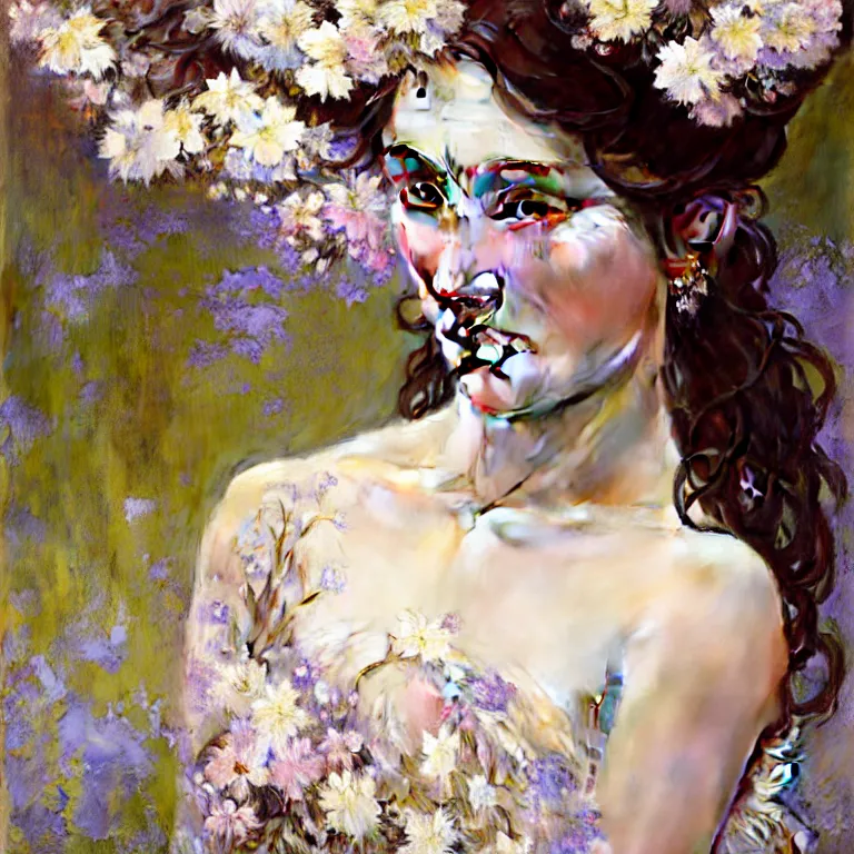 Image similar to hyperrealist wonderful face portrait of a queen with a clear skin, her dress is decorated with white flowers on the head that fall like vines and wears. by jeremy mann and alphonse mucha, fantasy art, photo realistic, dynamic lighting, artstation, poster, volumetric lighting, very detailed faces, 8 k, award winning