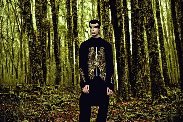 Image similar to versace avant garde male tunics intricate choatic textiles streetwear cyberpunk posing in the woods trees cloudy overcast dark late evening dramatic mysterious 3 5 mm professional