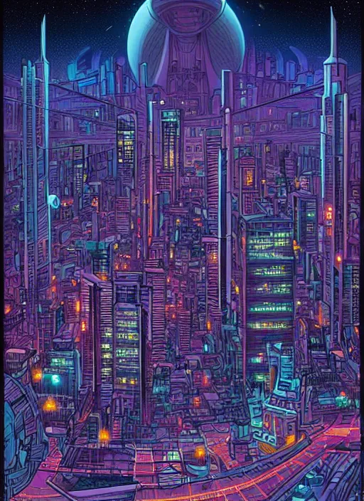 Image similar to a futuristic city at night by Dan Mumford