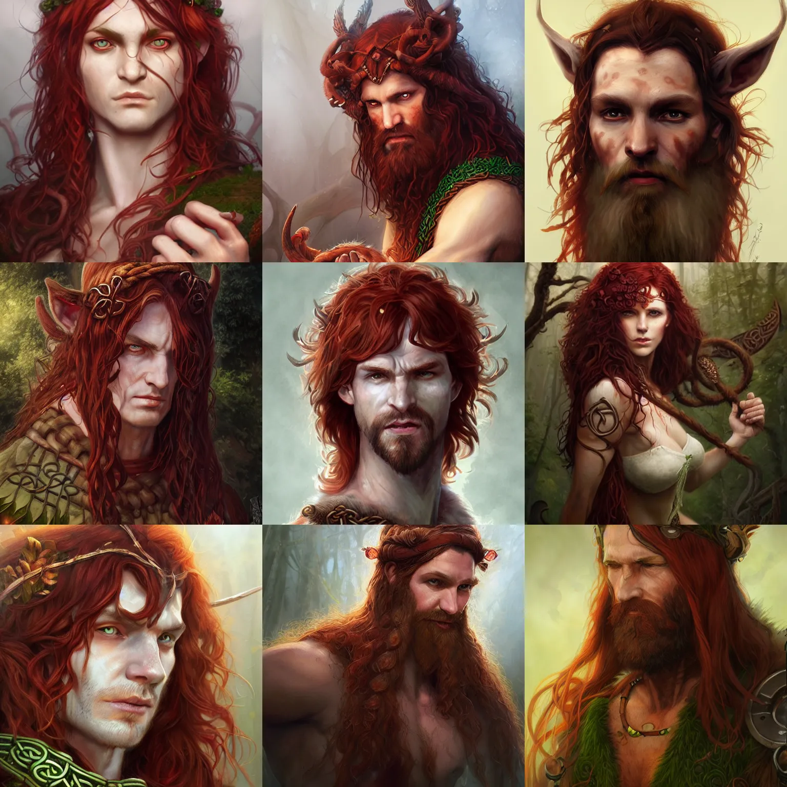 Prompt: celtic druid, satyr, reddish hair, D&D, fantasy, portrait, highly detailed, digital painting, trending on artstation, concept art, sharp focus, illustration, art by artgerm and greg rutkowski and magali villeneuve