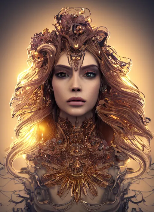Image similar to beauteous practical sumptuous tattood beautiful face, crystal, gold, copper, bronze biomechanical with incredible iridescent pearlescent voluminous neon hair, crystalline masterpiece incrustations, hyperdetailed face, elegant pose, movie still, intricate, octane render, cinematic forest lighting, unreal engine, crepuscular rays, god rays