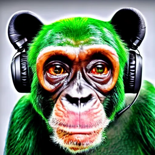 Image similar to a photo of a green chimp wearing headphones