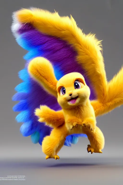 Prompt: high quality 3 d render hyperrealist very cute multicolor stripped fluffy! phoenix chimera hybrid with wings!! highly detailed, vray smooth, in the style of detective pikachu, hannah yata charlie immer, dramatic blue light, low angle, uhd 8 k, sharp focus