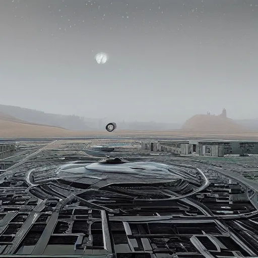 Prompt: sci-fi airport in view from above oily gloss specularity reflection with organic forms on the coronation of napoleon painting, on moon with medium size man walking with black background and digital billboard in the middle. unreal engine 5, keyshot, octane, artstation trending, by Zaha Hadid architects, by Matrix film color, high contrast pinterest black plastic, dark atmosphere pinterest tilt shift, 4k, 8k, 16k.