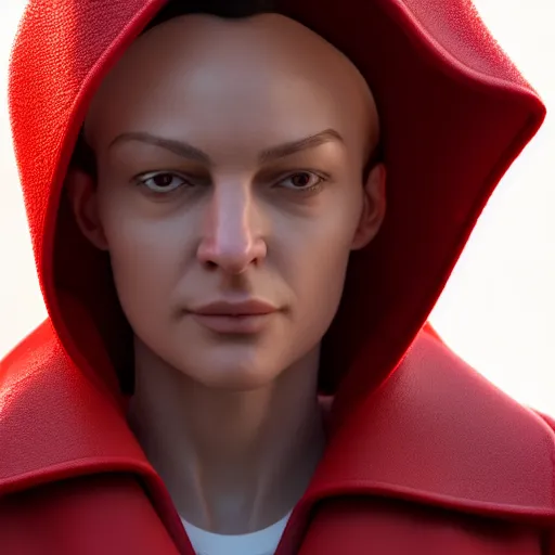 Prompt: a close up of a person wearing a red coat, a character portrait by jerry eisenberg, cgsociety, photorealism, # vfxfriday, physically based rendering, strange